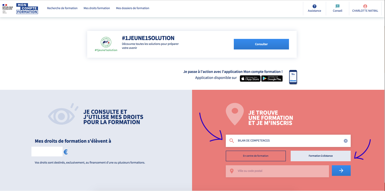 Page d'accueil Mon Compte Formation avec la recherche bilan de compétences
