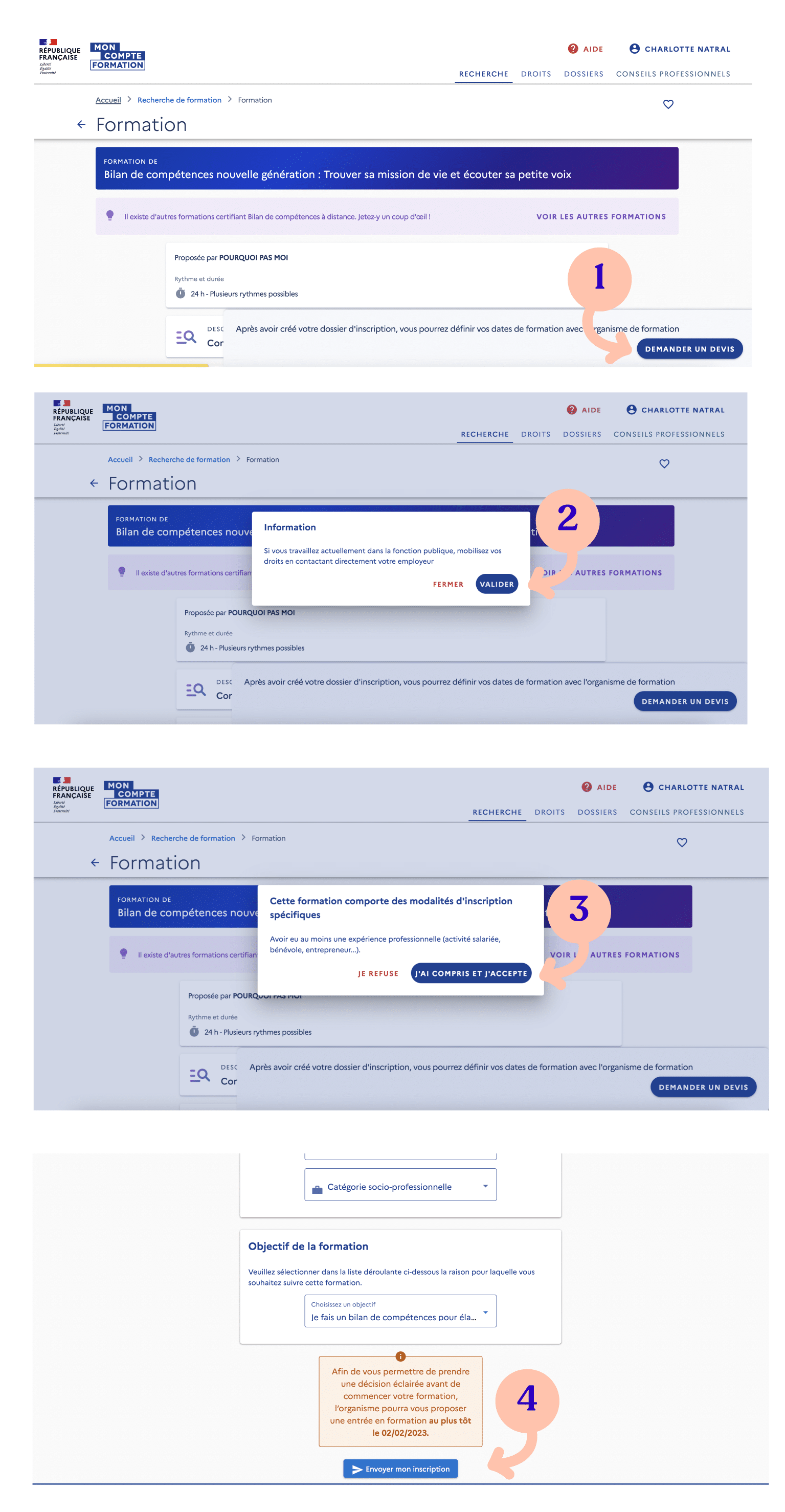 Demande de devis bilan de compétences sur Mon Compte Formation